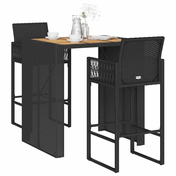 vidaXL 3-tlg. Gartenbar-Set ohne Kissen Schwarz Poly Rattan Akazie